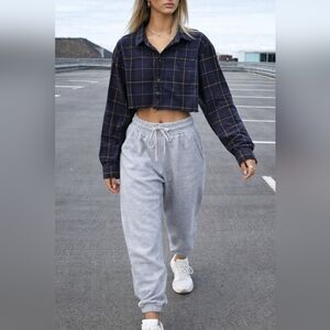 Uniqlo Navy Plaid Cropped Top